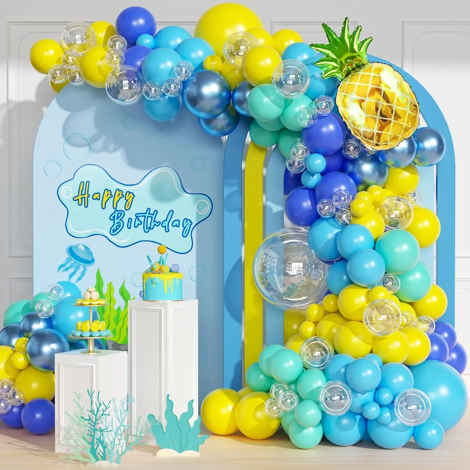 147pcs Cartoon Sponge Balloon Arch Kit - Birthday Decorations With Yellow, Blue, Clear, Metallic, Teal Balloons and Pineapple Balloon For Cartoon Birthday Party Shower