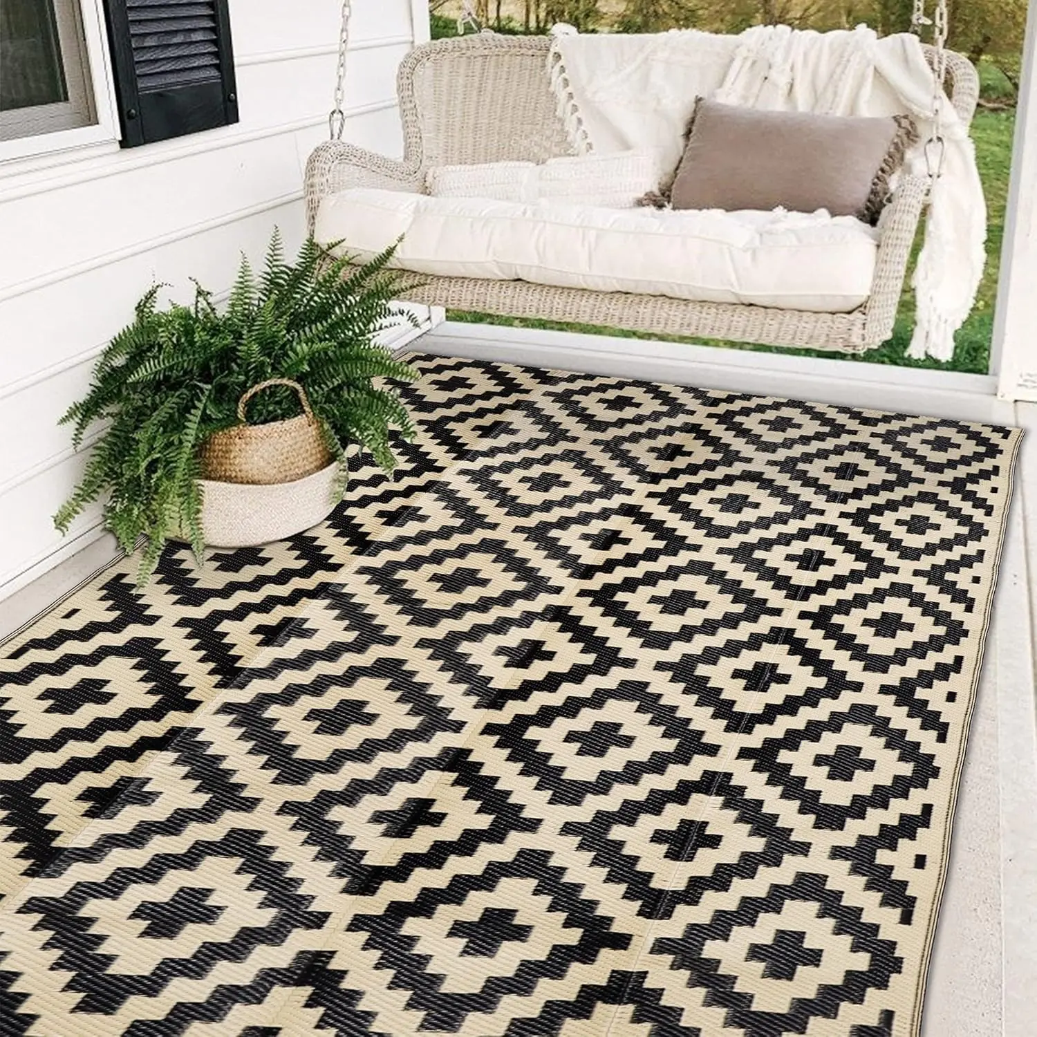 Waterproof Outdoor Carpet 270x180cm, Plastic Double-Sided Reversible Waterproof Rug, Modern Area Mat, Patio Rugs, Large Floor Pad for RV, Patio, Backyard, Deck, Picnic, Beach, Camping