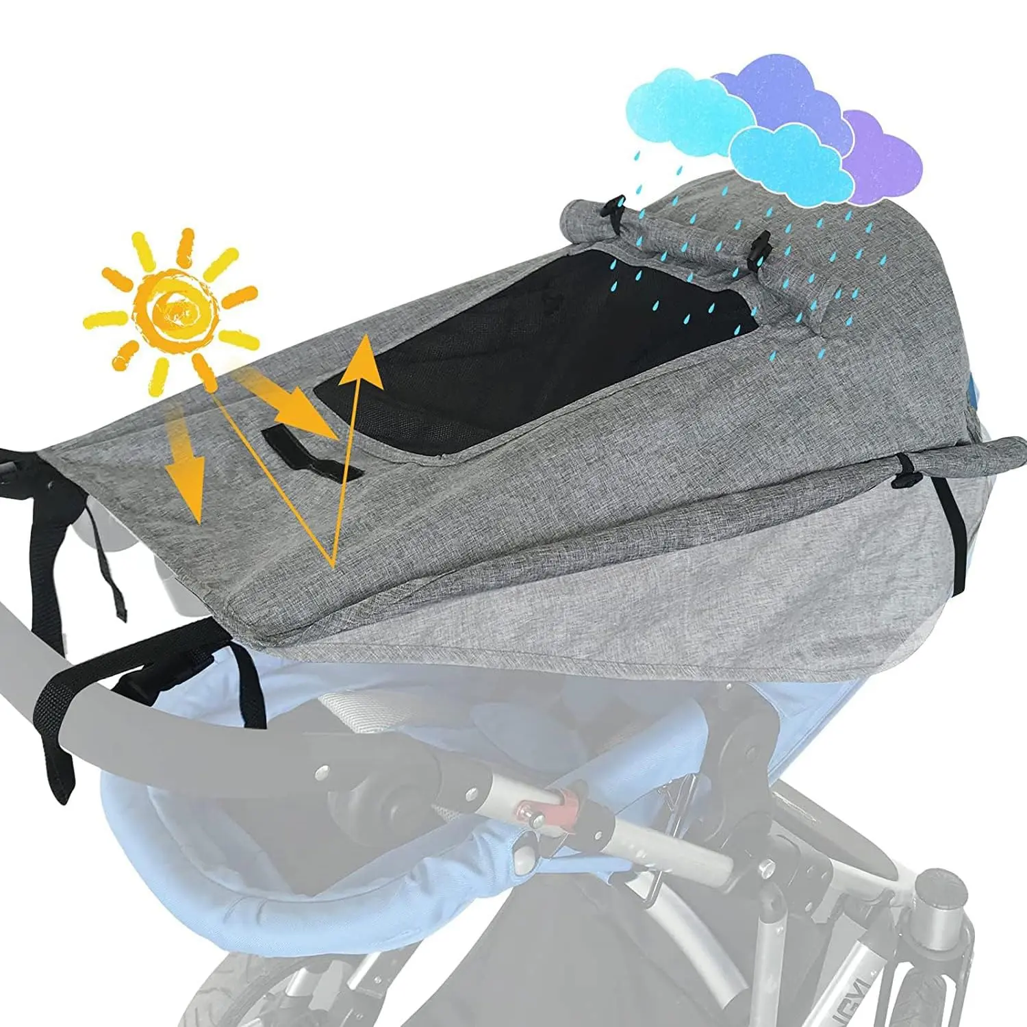 Universal Stroller Sun Shade Cover - UPF 50+ Solid Black Sunproof Canopy with See-Through Window, Rain Protector for Prams