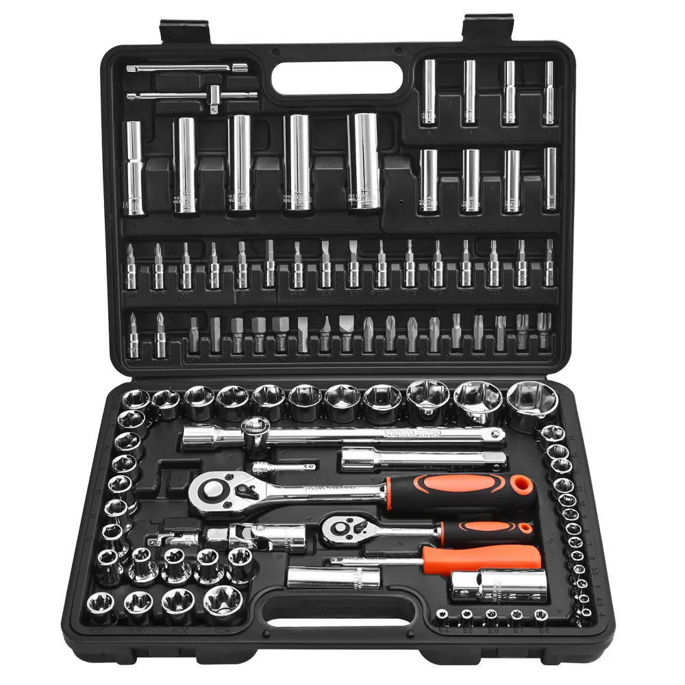 108PCS CR-V Alloy Steel Metric Socket Wrench Tool Kit Set, 1/4"-1/2" Drive (4-32mm Easy-to-Read Sizes Sockets), Drill Bits, High Torque Ratchet Wrenches, Storage Carry Box for Auto Repair & Household Work Tools Use