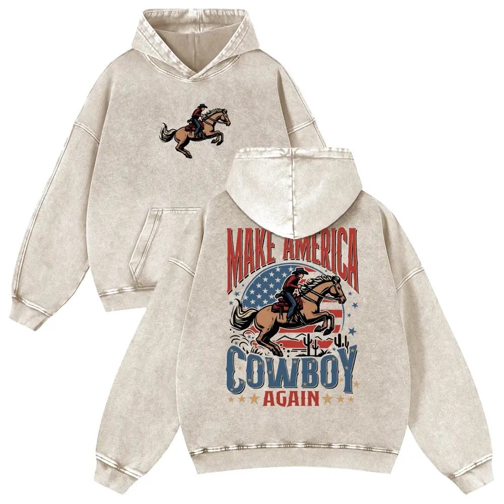 Men's Thick Oversized Heavyweight Cotton Casual Hoodie - Unisex Fit, Multi-Size, Make America Cowboy Again Graphic Print, Long Sleeve Washed Sand Sweatshirt, Patriotic Western Rodeo Vintage Top (Pairs with Jeans)