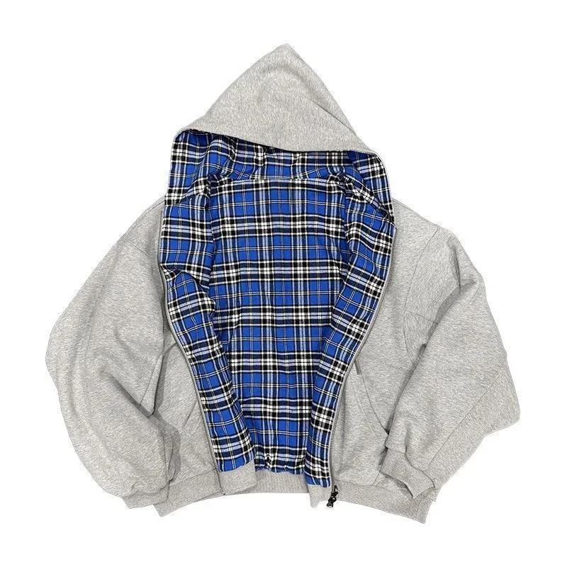Grey Casual Spring Oversized Reversible Hoodies Women Men Streetwear Clothes Hoodie With Plaid Lining Sweatshirt Streetwear Tops Fashion Menswear Pullover Cotton Material