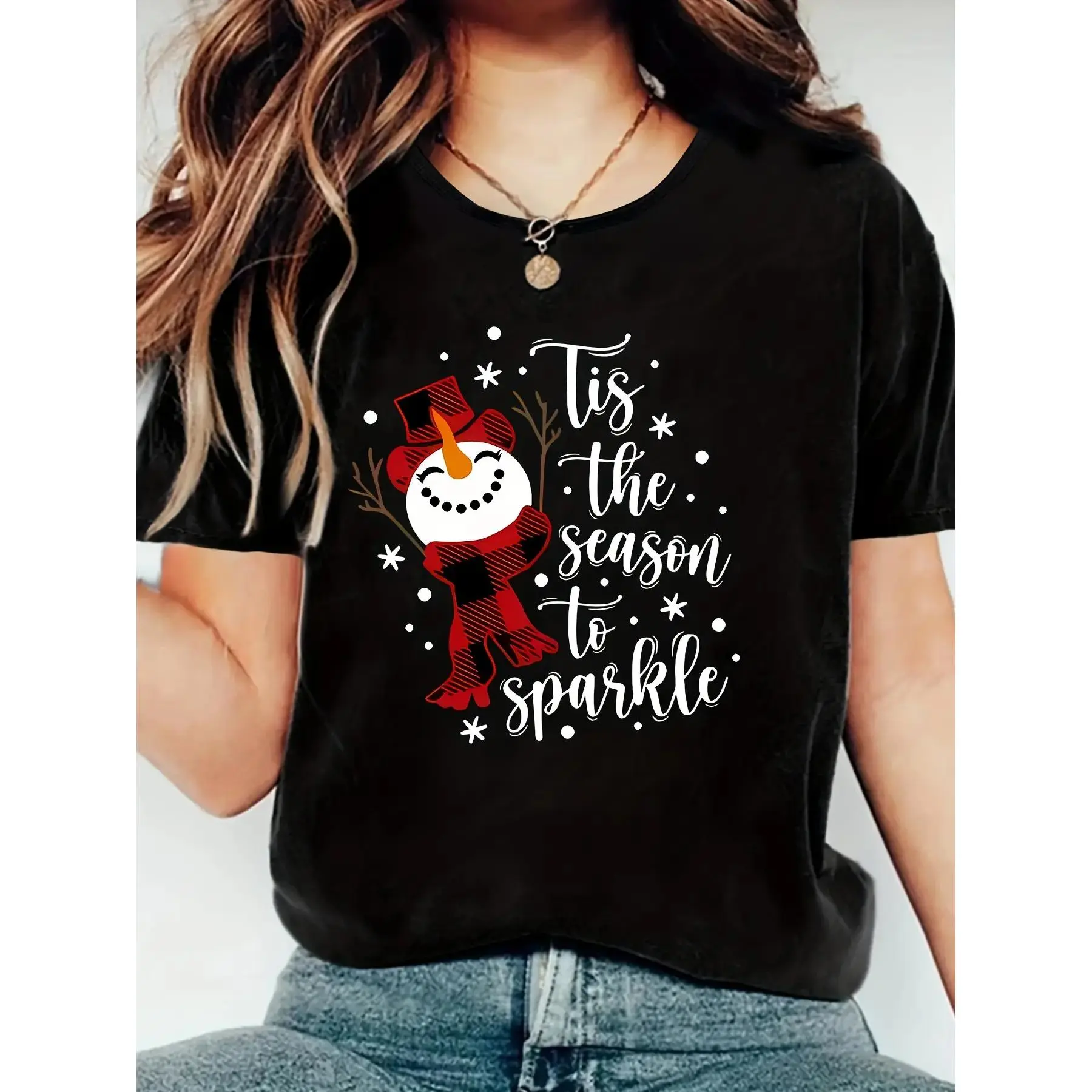 Women's Holiday Snowman "This Season To Glitter" T-Shirt: Cotton casual summer crewneck, stretch knitted fabric, snowman "This Season To Glitter" slogan, Christmas holiday adult top; Womenswear Streetwear