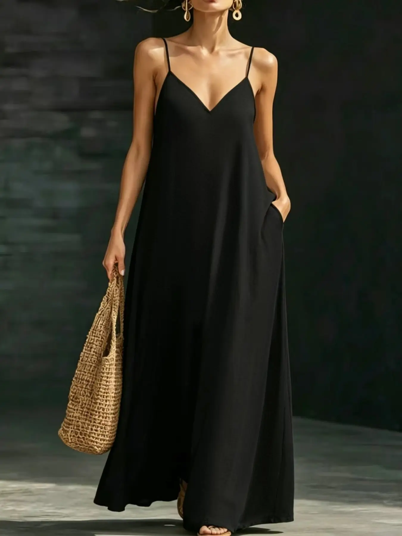 French Minimalist Summer Strap Long Dress, Solid V-Neck Sleeveless Design, Casual Beach Sundress, Elegant for Daily Commute and Beach Vacation