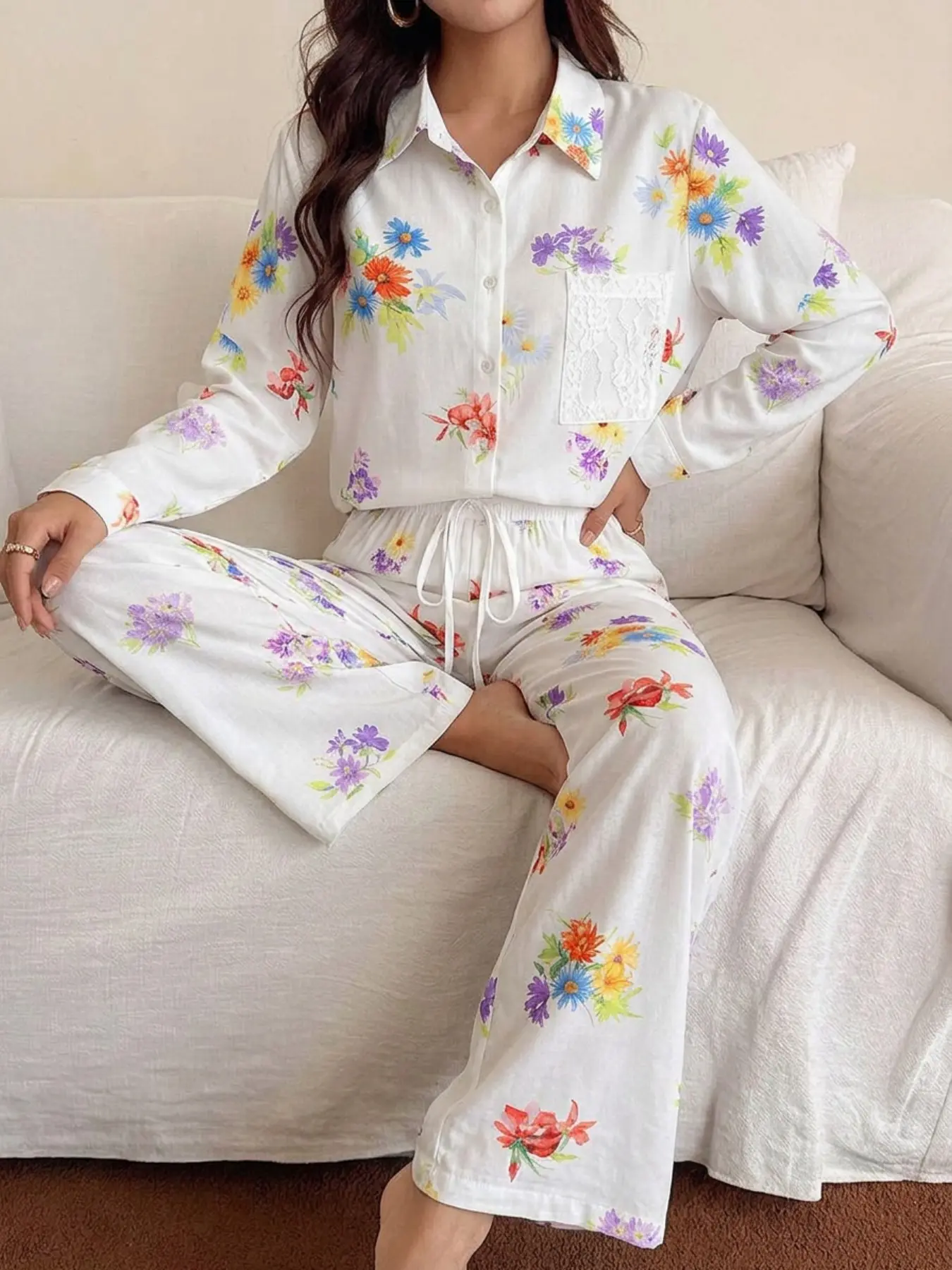 Women's Fresh Colorful Floral Daisy Print Collared Long Sleeve Pajama Set, Lace Pocket Cardigan Wide Leg Pants, Casual Home Wear Two-Piece Set