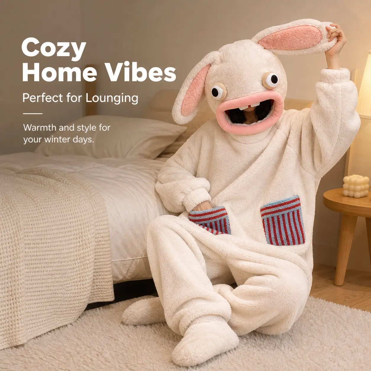 Funny Big Mouth Bunny Onesie Pajamas with Matching Foot Slippers Soft Fleece Cartoon Cosplay Loungewear for Halloween Party Sleepover Nightwear Womenswear Nightwear Womenswear Animation Birthday Bottom Carnival Jumpsuit Loose