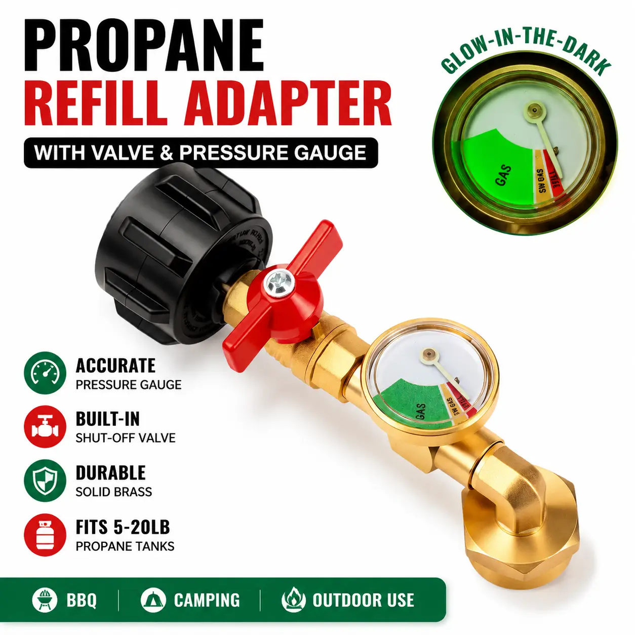 Propane Refill Adapter with Valve & Pressure Gauge, Gas Cylinder Filling Connector with Glow-in-the-Dark Meter, Ball Valve LPG Tank Refill Adapter, Propane Gas Refill Accessories for Camping, BBQ, Outdoor Use