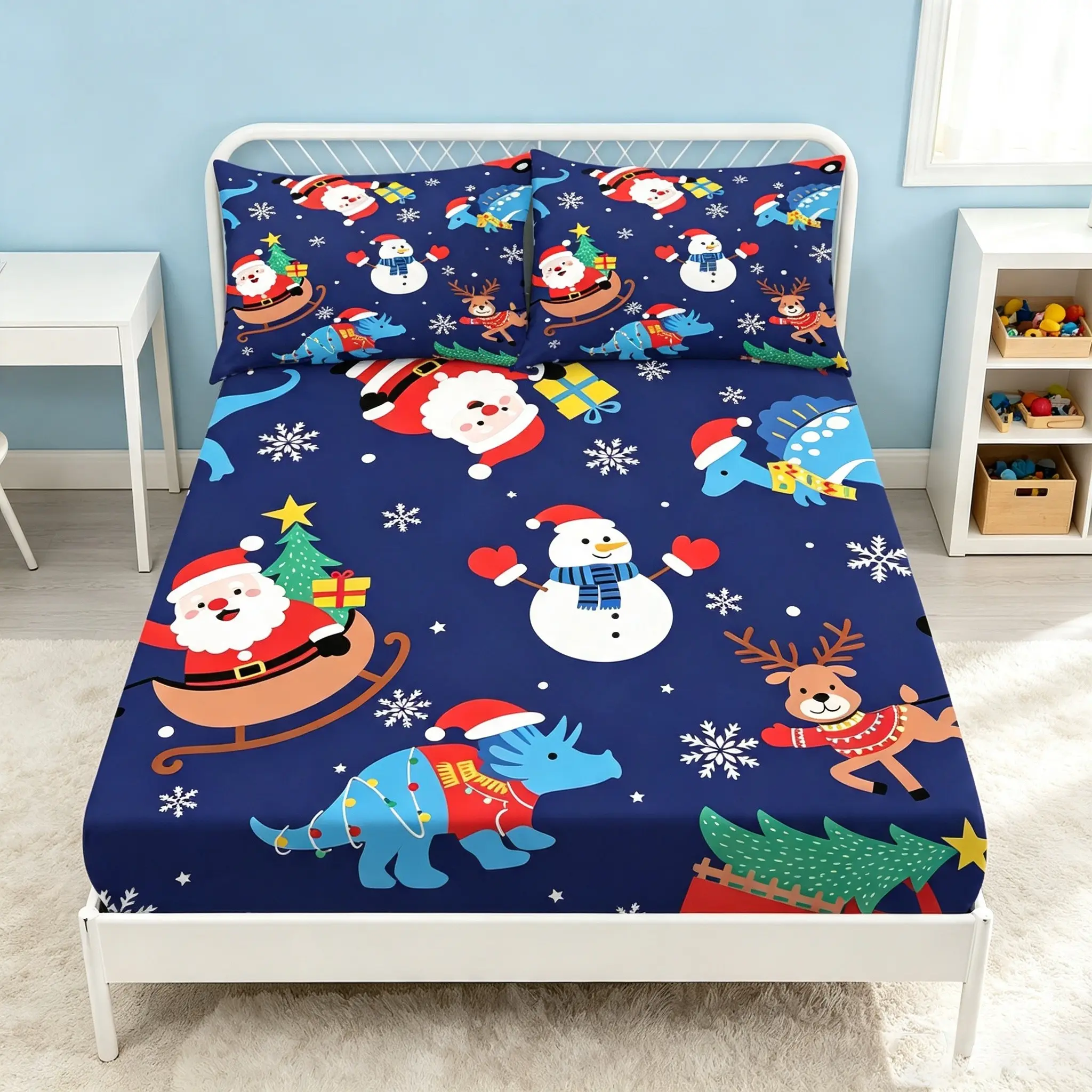 3-piece festive-style reindeer and dinosaur fitted sheet set, including a fitted sheet and 2 pillowcases (unfilled), suitable for bedrooms, guest rooms, and dormitories. Perfect as a festive gift