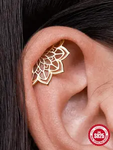 1Pc Waterproof S925 Sterling Silver Gold Plated Flat Back Stud Earring, Non-Tarnish Hypoallergenic Y2K Bling Rhinestone Accessories, Tarnish Free Dainty Hollow Lotus Flower Geometric Cartilage Helix Piercing Single Jewelry Trendy Gift for Her Women