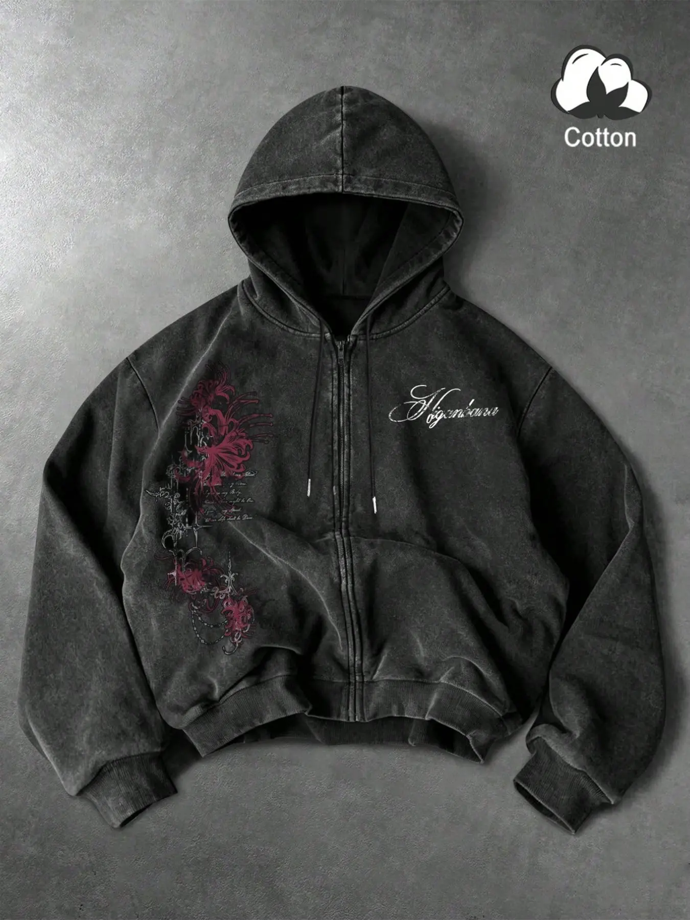 Unisex Acid Washed Heavyweight Full Zip Hoodie Sweatshirts Oversized Vintage Letter Print & Red Spider Lily Floral Graphic Casual Streetwear Jacket Wear
