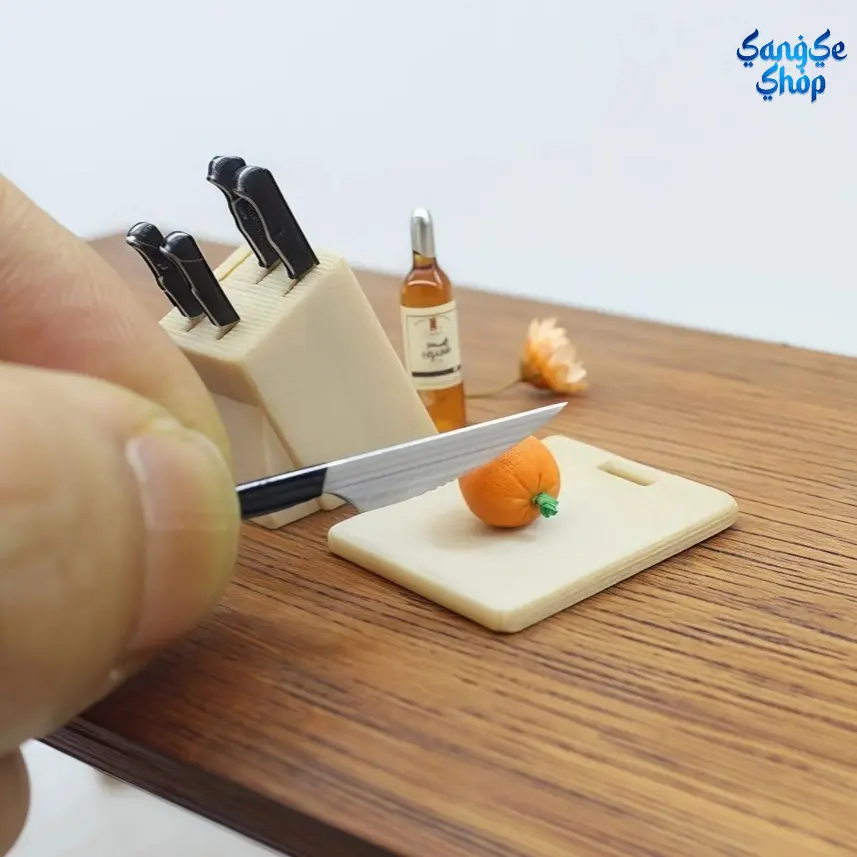 Doll House Accessory Plastic Kitchen Utensils Set - 7-Piece Detailed 1:12 Scale Pretend Play Cooking Tools with Knife Block and Board