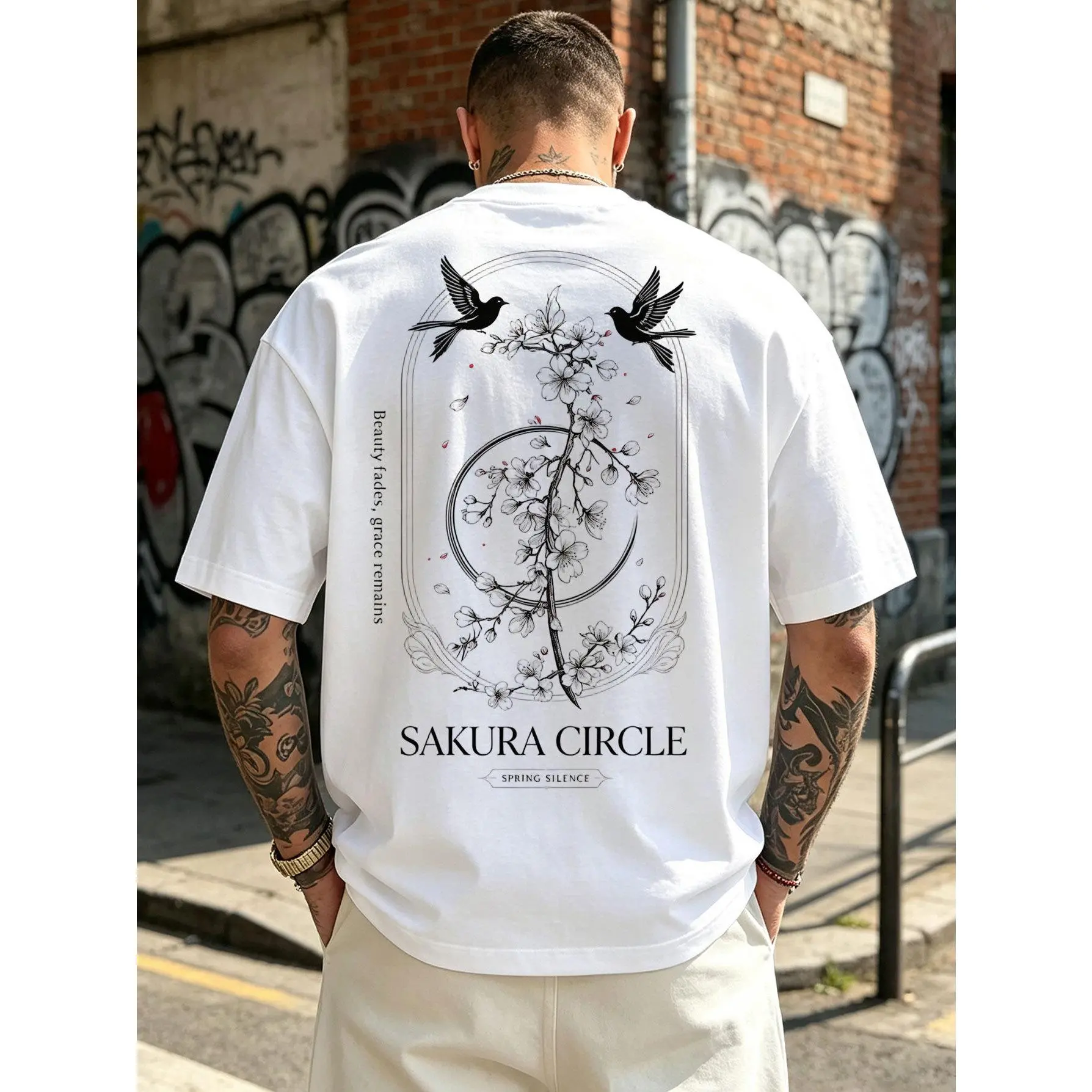 Japanese Cherry Blossom Graphic T-Shirt for Men, Sakura Circle Art Short Sleeve Crew Neck Tee, Vintage Streetwear Cotton Shirt