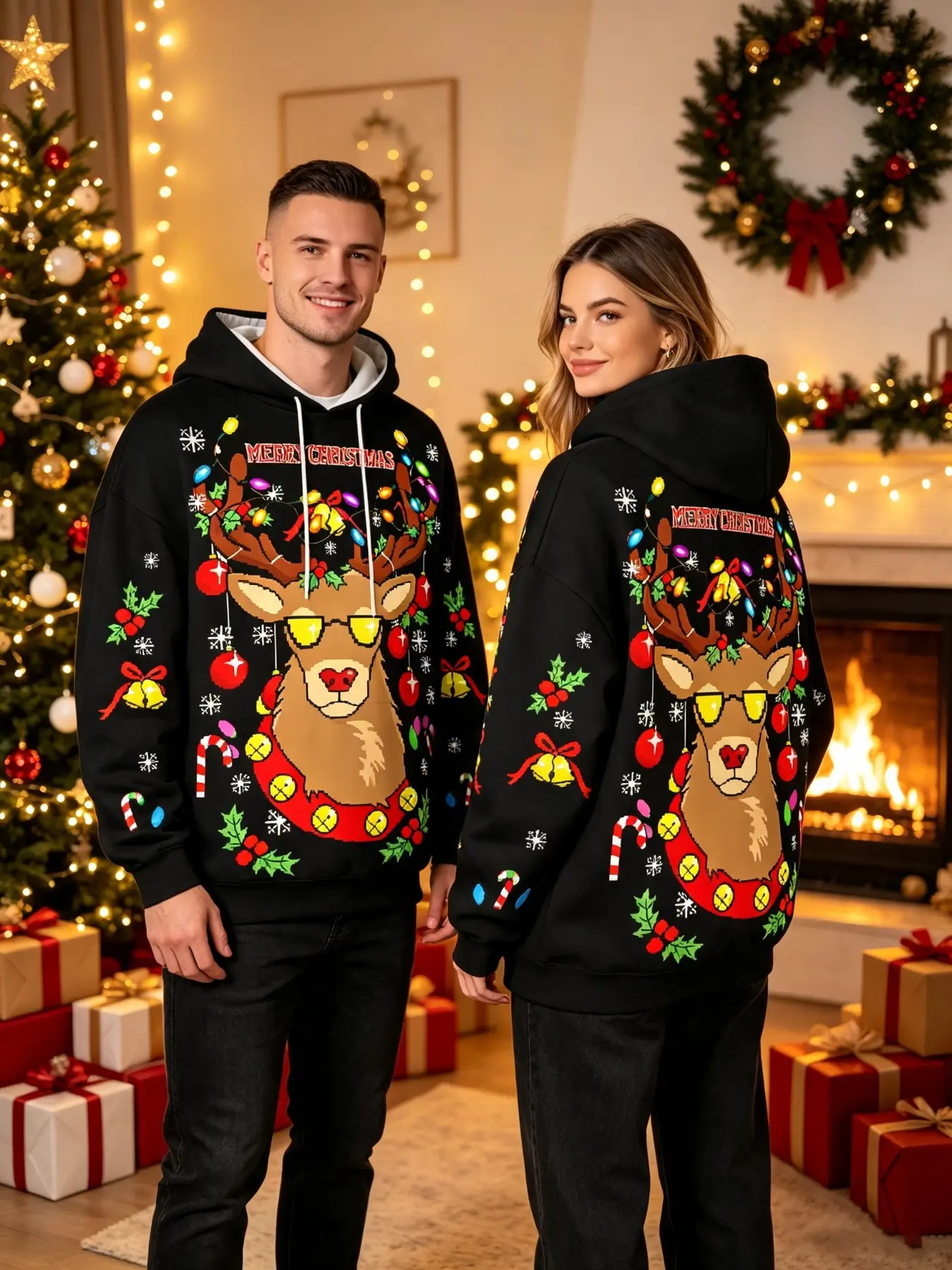 Couple Matching Hooded Sweatshirts, Christmas Reindeer Santa Tree Snowflake Print, Loose Fit Drawstring Hoodie, Winter Festival Unisex Top