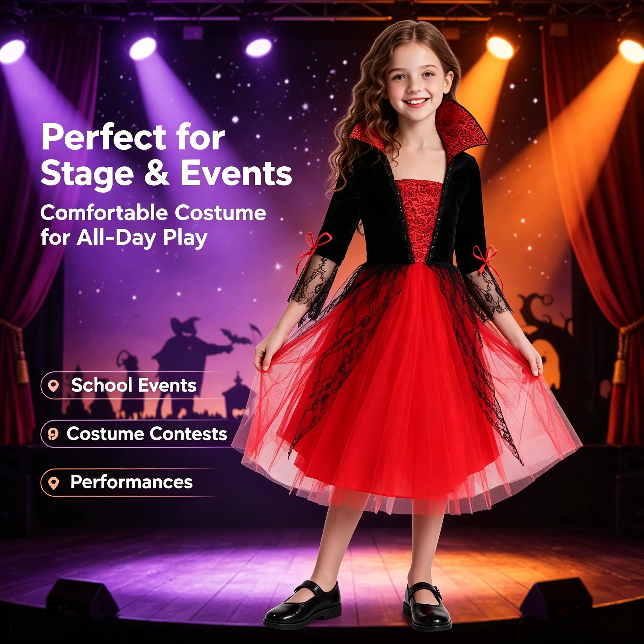 Halloween Vampire Princess Costume for Girls | Kids Vampire Dress Up Outfit