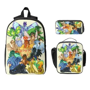 3 Piece High Capacity Bookbag Fire Dragon Wings Backpack Set Travel Knapsack with Lunch Box Pencil Case