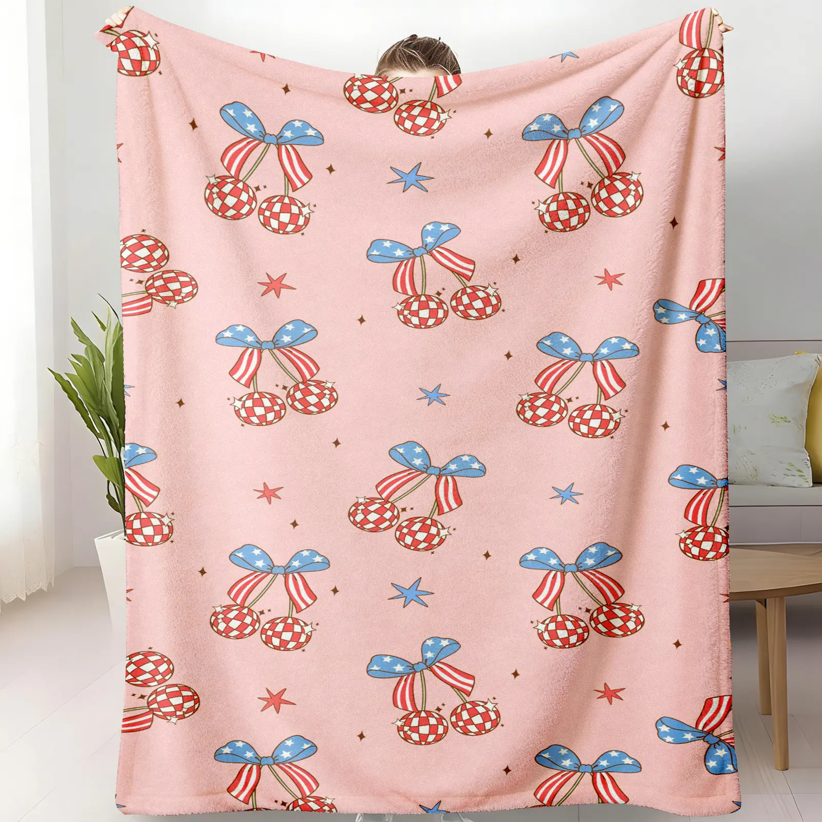Bright Pink Polyester American Flag Cherry Fleece Blanket - Patriotic Bow Decor Sherpa Throw, Retro Look Cozy Aesthetic Daily Use, Stars & Stripes Design, All Season Bed Couch Blanket, Ideal Gift for Girls, Bright Pink Crochet Blankets