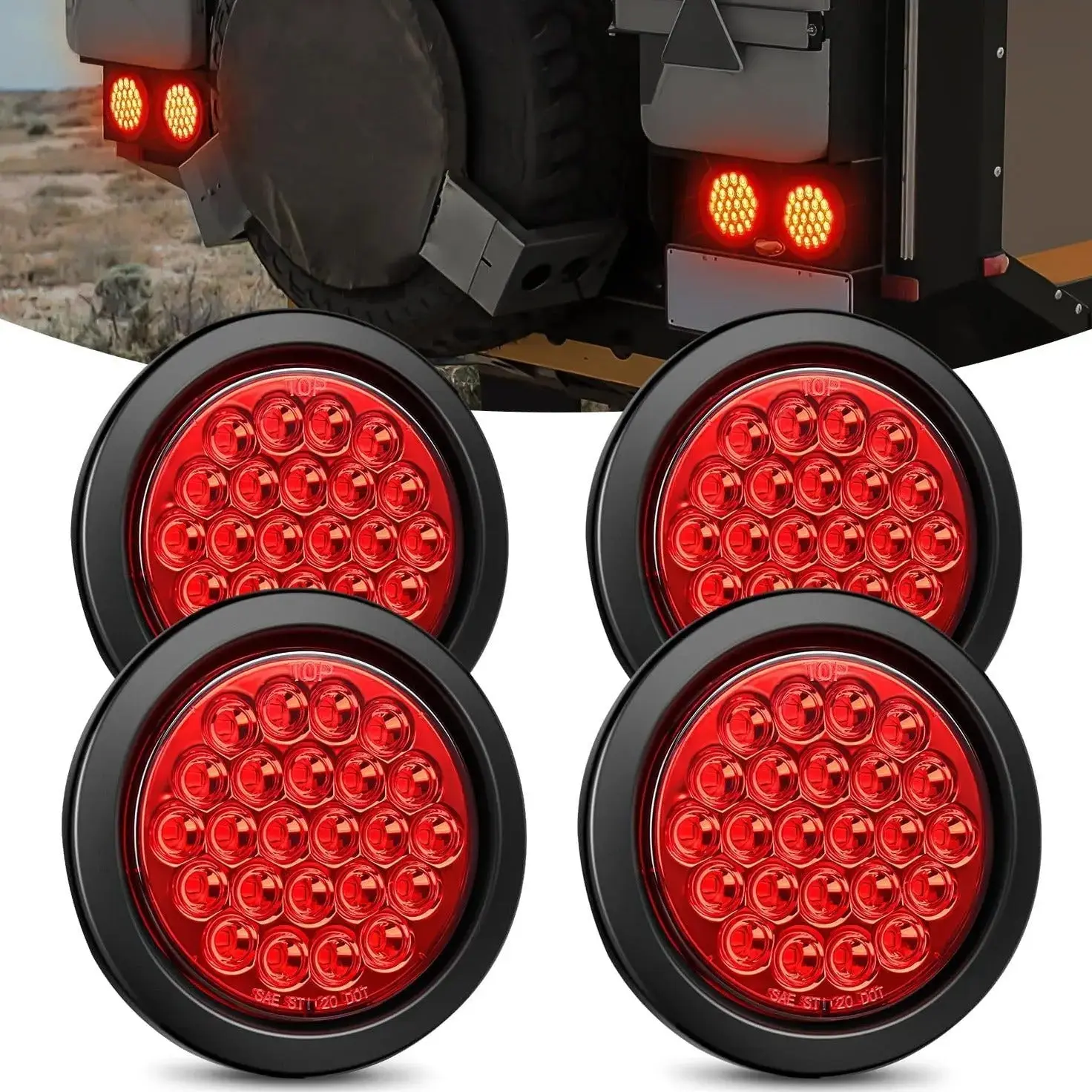 Nilight Automotive 4in Round Luminous High Brightness Flush Mount Tail Lights - 24pcs Red SMD LEDs, Water-Resistant, Secure-Mountable Stop Brake Lights with Grommets, 3-Wires Lead for Boats, Tractors
