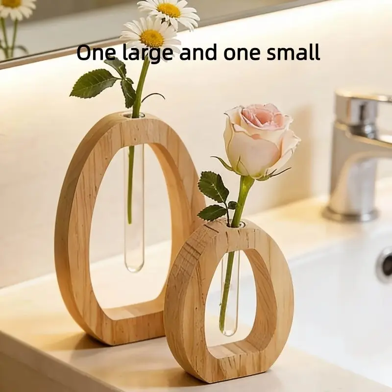 Two Wooden Hydroponic Planters, Creative Glass Vase Decor, Decorative Flower Vessel, High-End Floral Containers, Flowers, Elegant Decoration for Home