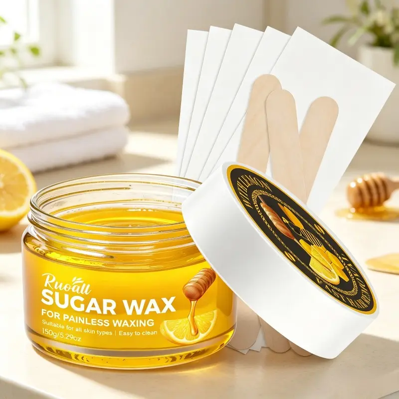 150g Honey Lemon Sugar Wax Hair Removal Kit, Gentle & Painless Natural Wax, Home Waxing, Comes with Special Wax Strips & Wooden Spatula, Irritation-Free for At-Home Full Body Use on Arms, Legs, Underarms and Bikini Line