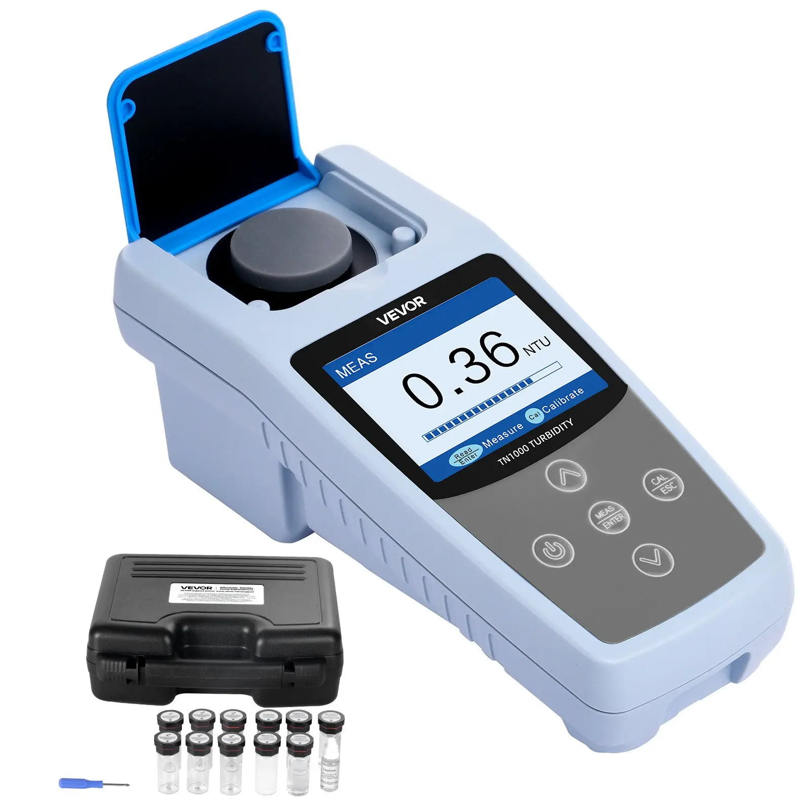 【DealsForYouDays】VEVOR Turbidity Meter, 0-1000 NTU Measuring Range, ISO 7027 Compliant, Portable Red Light Turbidimeter, Quick Reading, with Calibration Solutions, Sample Vials, and Carry Case, for Field and Plant