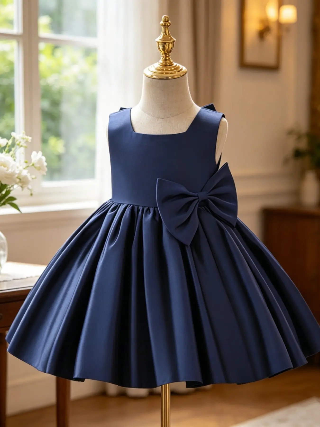 Baby Girl Dark Blue Dress Elegant Simple One Piece Big Bow Design Sleeveless Dress Dress Suitable for Christening Birthday Party