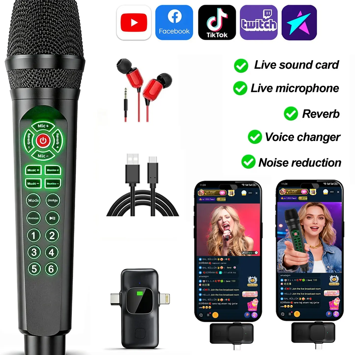 All-in-One Live Streaming Microphone with in Sound Card, Bluetooth Real-Time Monitoring Voice Changer Mic Kit for TikTok YouTube Starter Mobile Podcast Recording