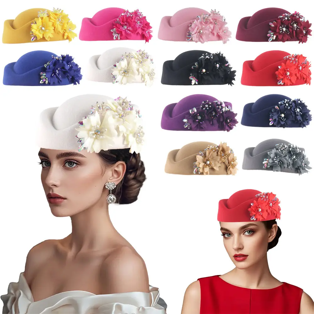 Women's Vintage Solid Pillbox Hat, Classic Design Faux Wool Felt Fascinator with Layered Fabric Flower & Rhinestones for Church & Derby, No Extra Clips, Solid Color Options, Formal Headwear