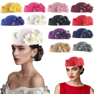 Women's Retro Vintage British Wool Felt Pillbox Hat - Floral Rhinestone Fascinator Berets for Church, Derby, Formal Occasions Including Graduation Ceremonies