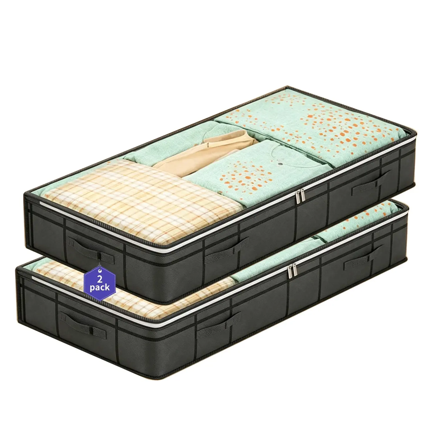 2-Piece Foldable Under-Bed Storage Bag Set, Organiser, Space-Saving Breathable Bags with Zipper and Transparent Window, 4 Handles, Ideal for Blankets, Clothes and Bedding Organization