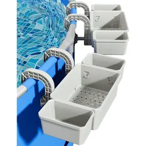 2026 Upgrade 2 Sets Poolside Storage Basket with 2 Cup Holders, Stretchable Pool Drink Holder Organizer for Drinks & Pool Supplies, Above Ground Pool Accessories for Most Frame Swimming Pools