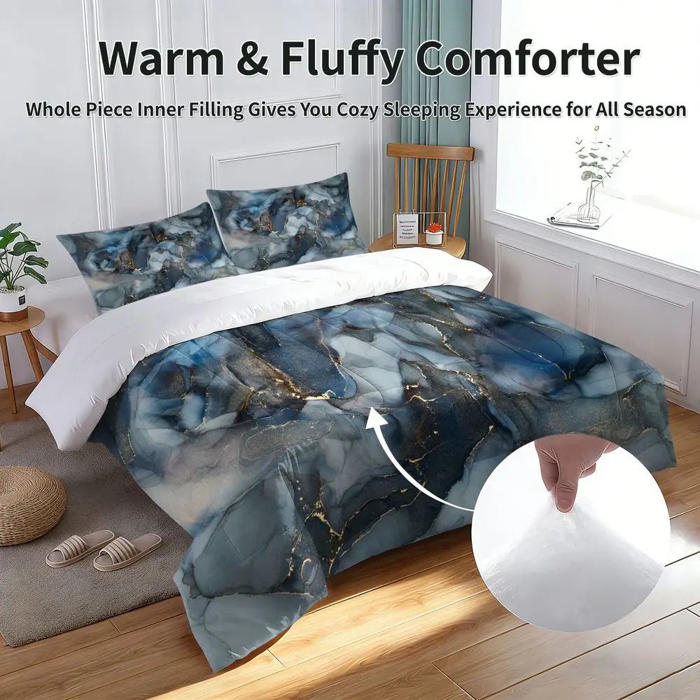 2/3PcsLuxury Abstract Navy Blue & Gold Marble Comforter Set, Modern Bedding Set with Pillowcase, Soft Microfiber Quilt Bedspread for Bedroom Decor, All-Season Bedding GiftNo Pillow Core
