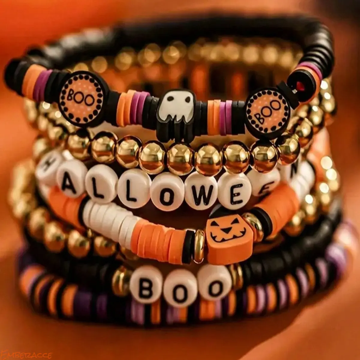 Beaded Bracelet for Women, Gothic Punk Jewelry, Halloween Pumpkin Charm Bracelet, Stackable Alphabet Letter Bracelet, Vintage Dark Aesthetic Handmade Style Jewelry for Party Costume, Festival, Daily Wear and Gift