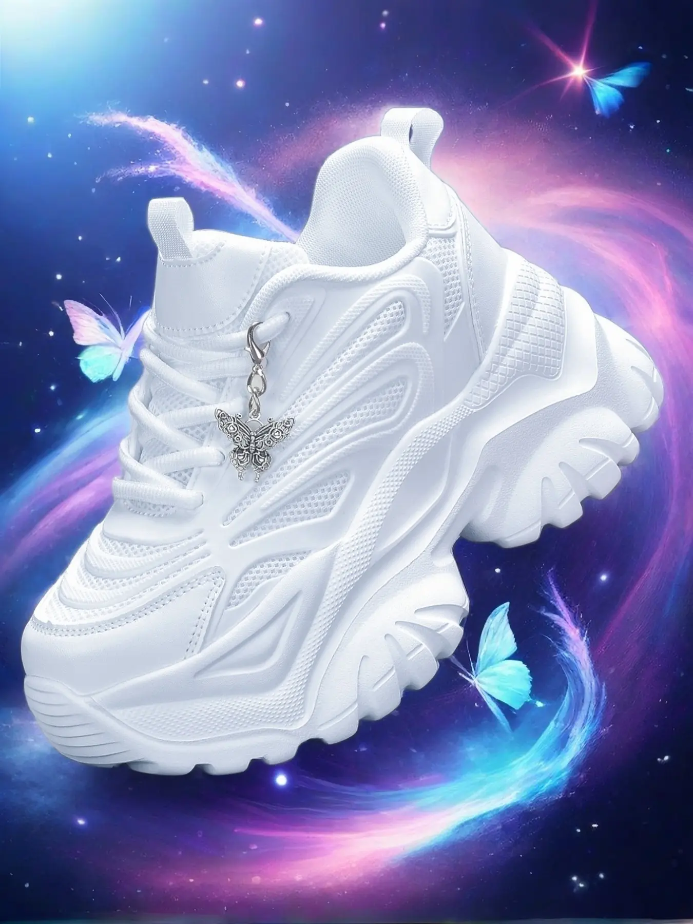 Women's Casual Sports Shoes, 7cm Heel Eva Sole, Silver Color Butterfly Charm, Large Size, All Season Outdoor Shoes