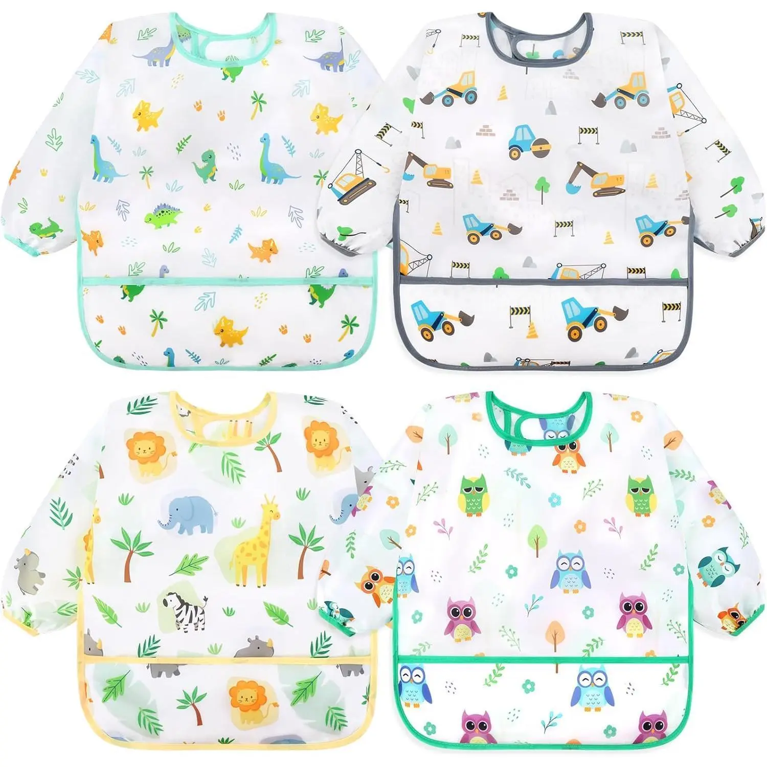 Baby & Toddler Feeding Bibs (4-Pack, 6-36 Months) - Comfortable Casual Long-Sleeve Waterproof Full-Coverage EVA Smock with Catch-All Pocket for Eating, Drawing