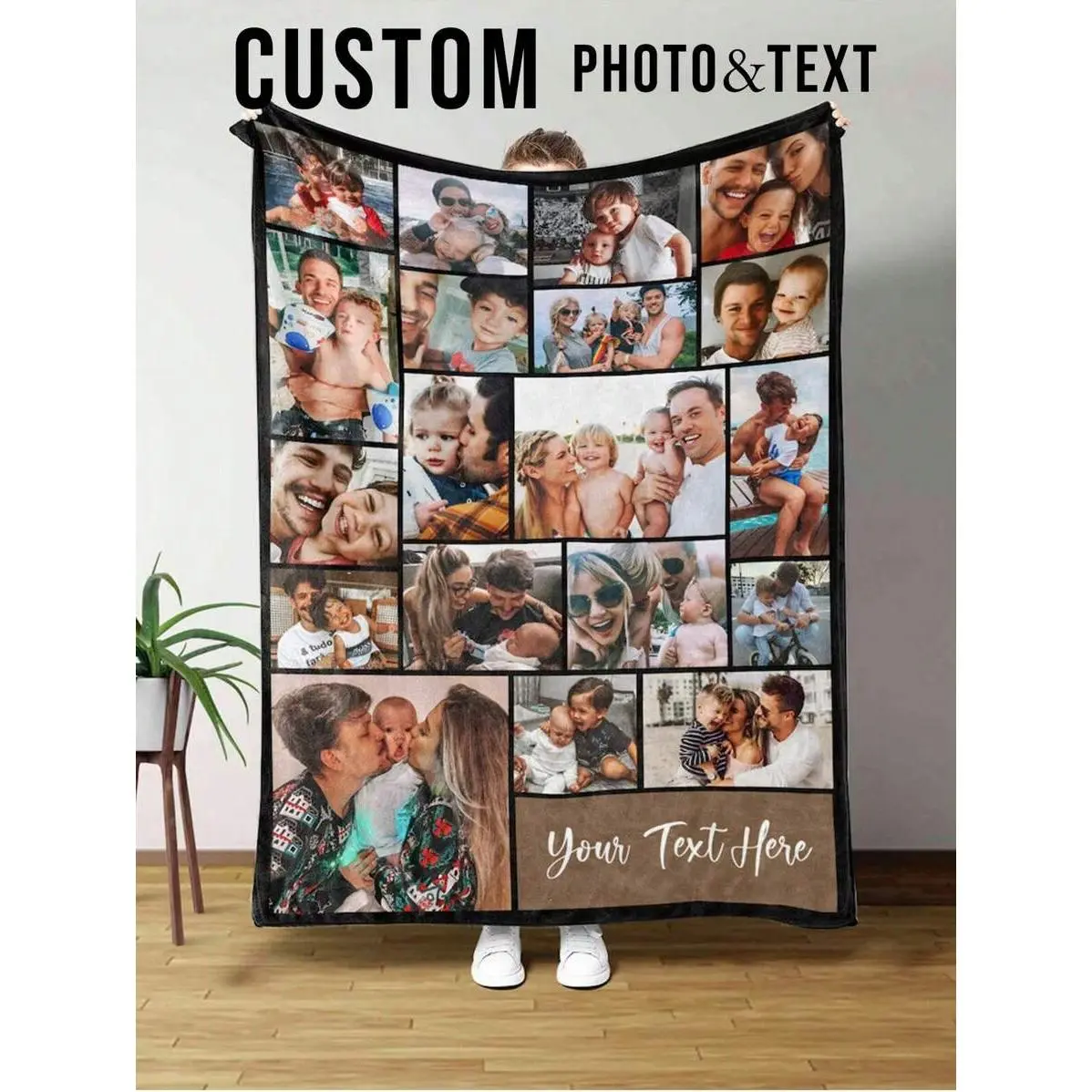 Custom Family Throw Blanket, 1 Piece Soft Warm Flannel 19 Picture Blanket, Your Text Here Large Collage Design, Lightweight Portable Travel Blanket for Car Couch, Personalized Gift for Grandparents, Keepsake Decor