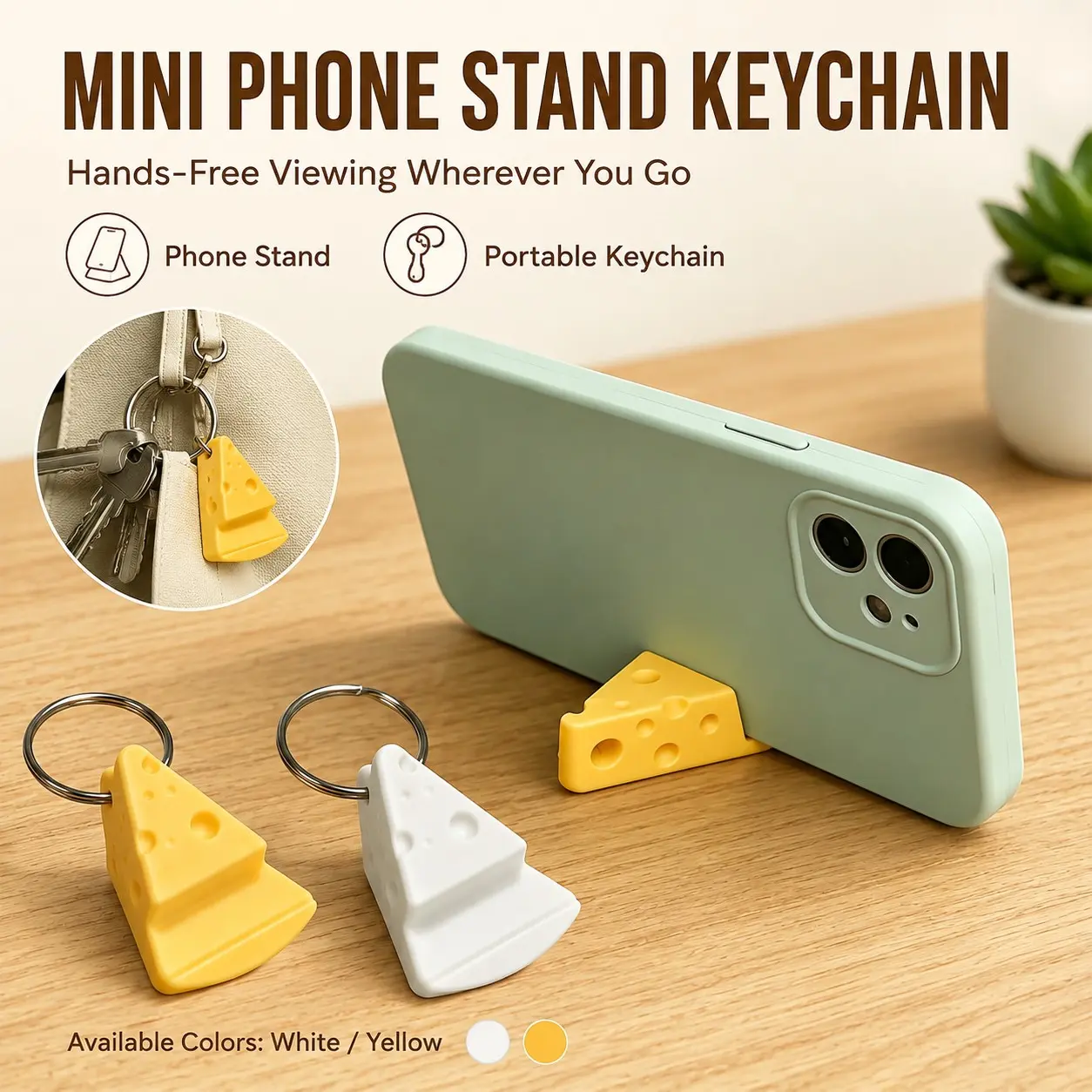 Cheese-Shaped Mini Phone Stand Keychain, Portable Horizontal Desk Holder, Ideal for Office, Travel, Watching Shows, Video Calls
