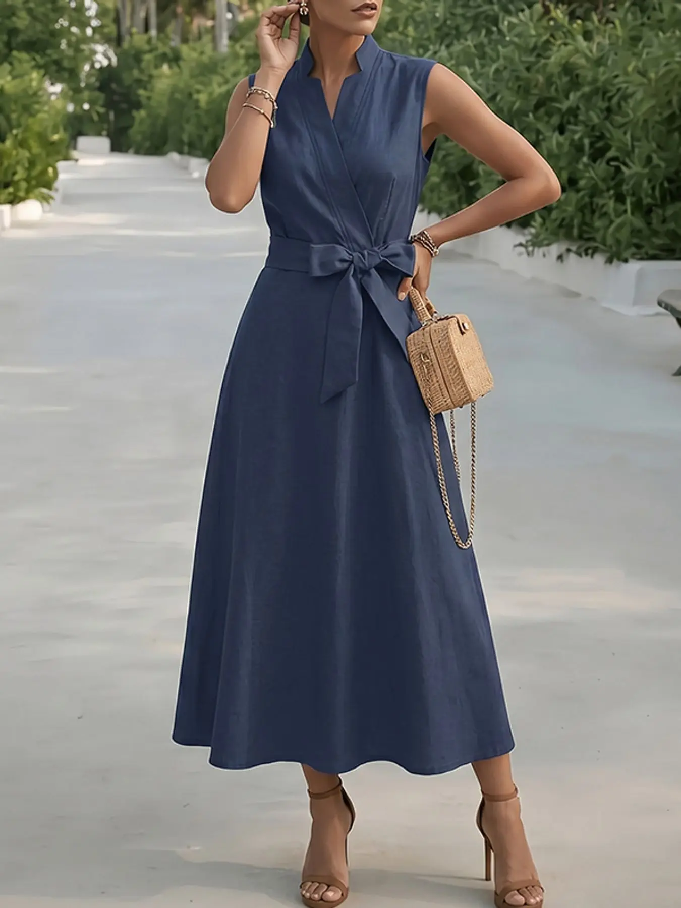 ZANZEA Women's V-Neck Sleeveless Cross Front Midi Dress, Summer Dresses, Waist Cinch with Belt, Side Zipper Design, Casual Slim Fit, Solid Color