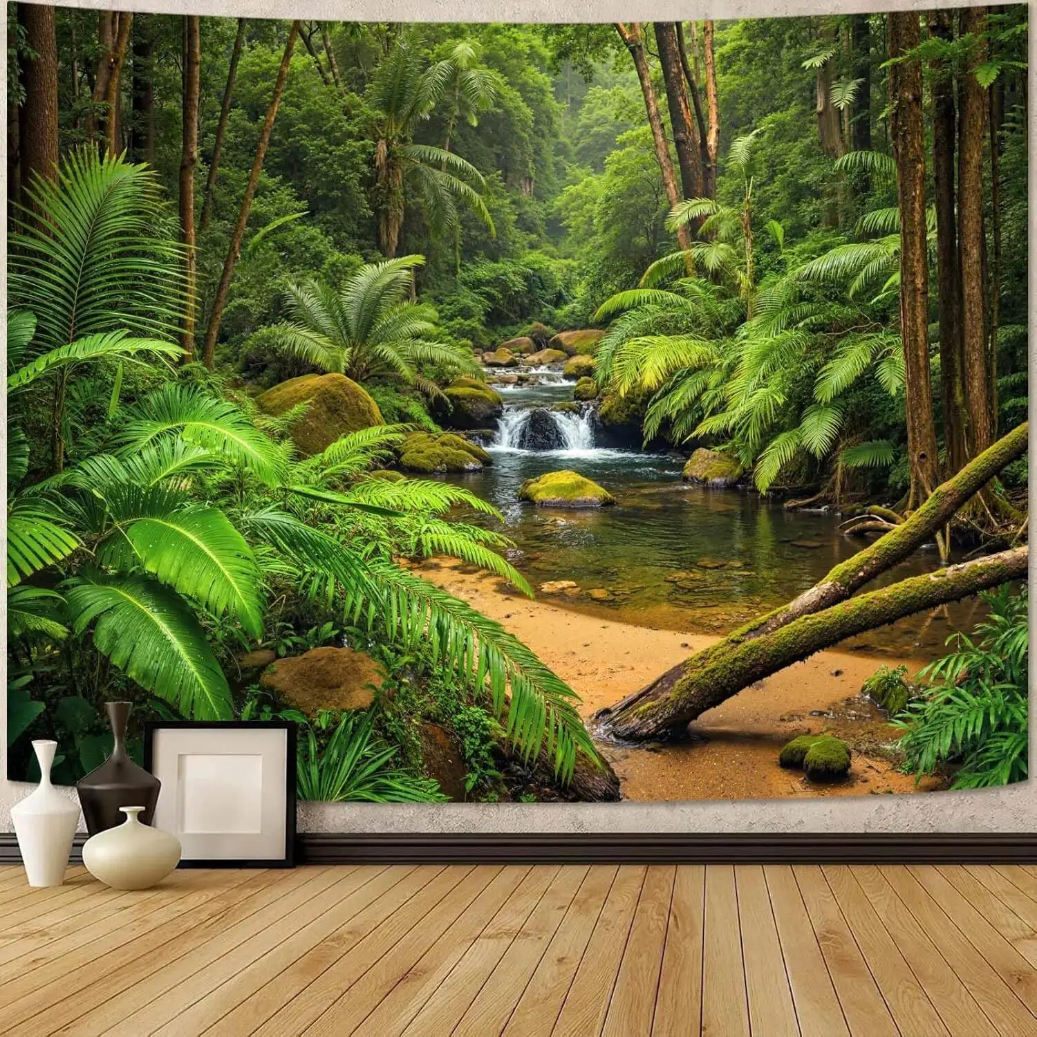 Natural Forest Stream Backdrop Party Backdrop Polyester Fabric Green Tree Tapestry Wall Hanging Photography Background Nature Landscape Decor Studio Props Home Aesthetic Scene