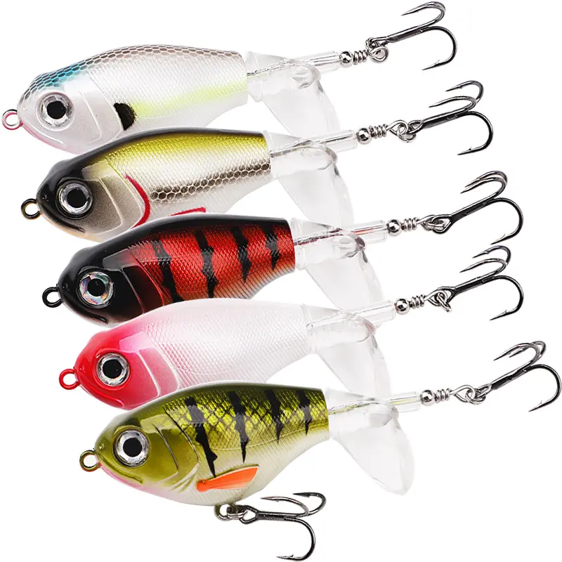 5Pcs Topwater Fishing Lures Whopper Plopper Lure Bait with Rotating Tail Treble Hooks Floating  Lure for Bass Crappie Catfish Pike Perch Trout, Freshwater or Saltwater