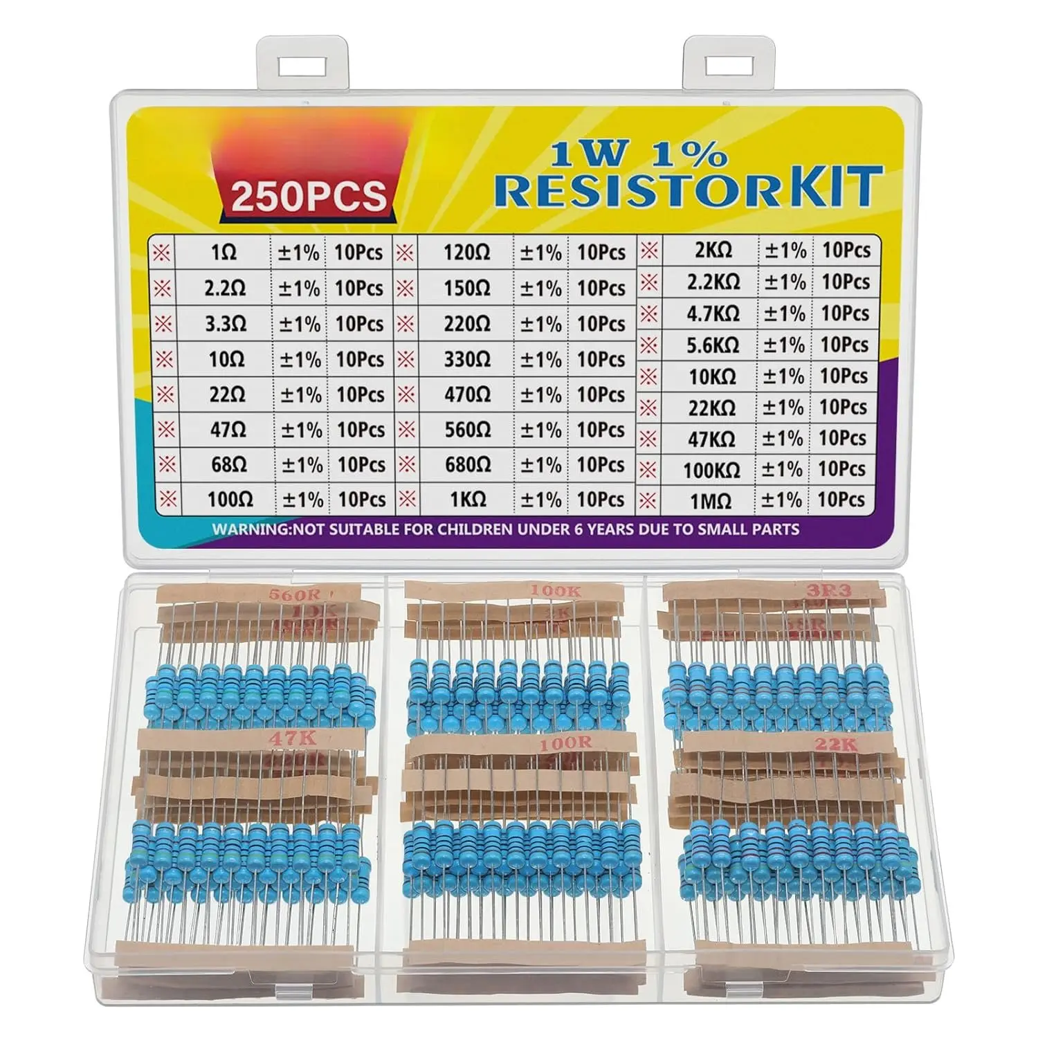 25 Values 1W Metal Film Resistor Kit from 1 Ohm to 1M Ohm 1 Watt 1% Resistors