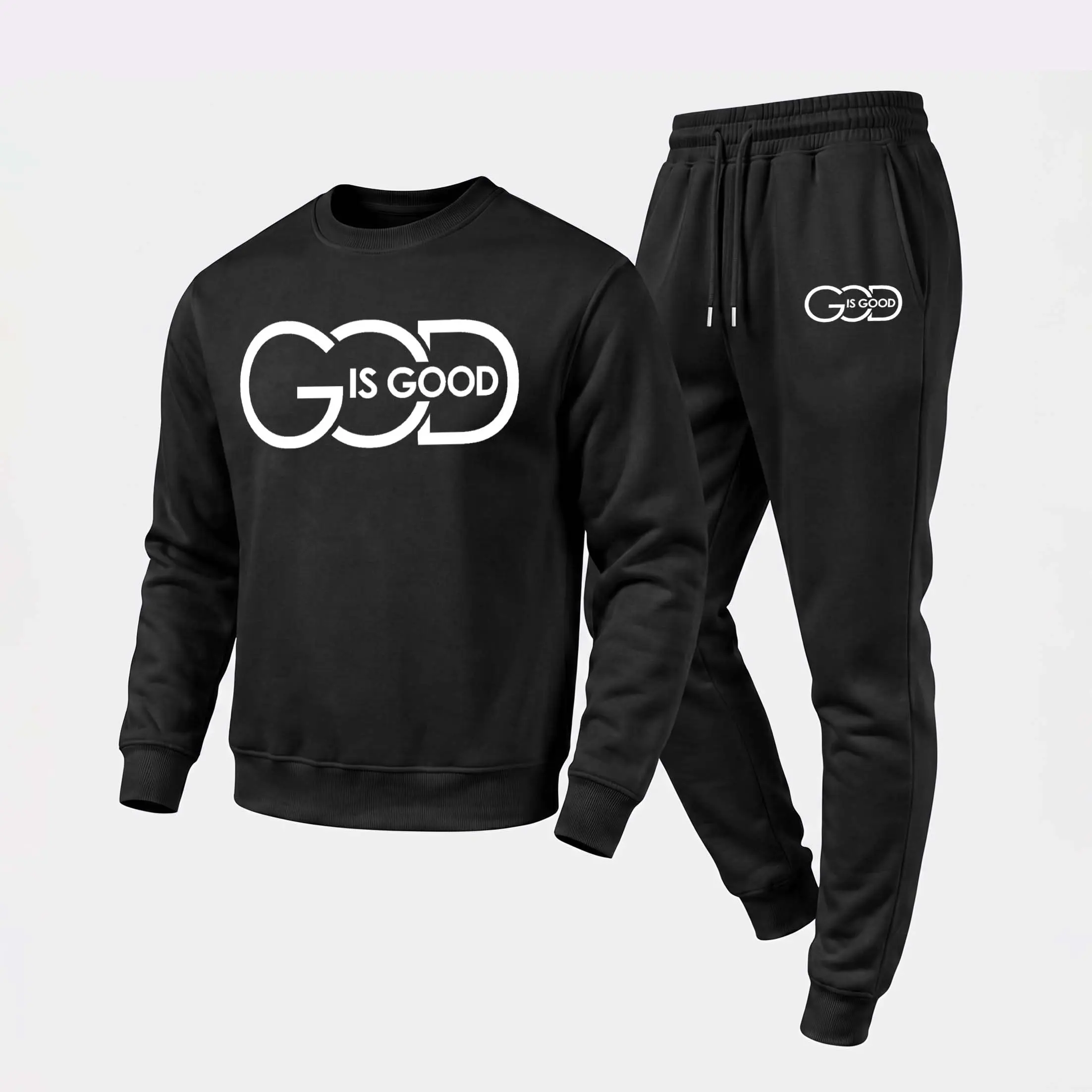 Men's 2-Piece Tracksuit, Casual 'God Is Good' Graphic Polyester Sweatshirt and Jogger Set, Loose-Fit Breathable Outfit for Lounge & Workout, Long Sleeve