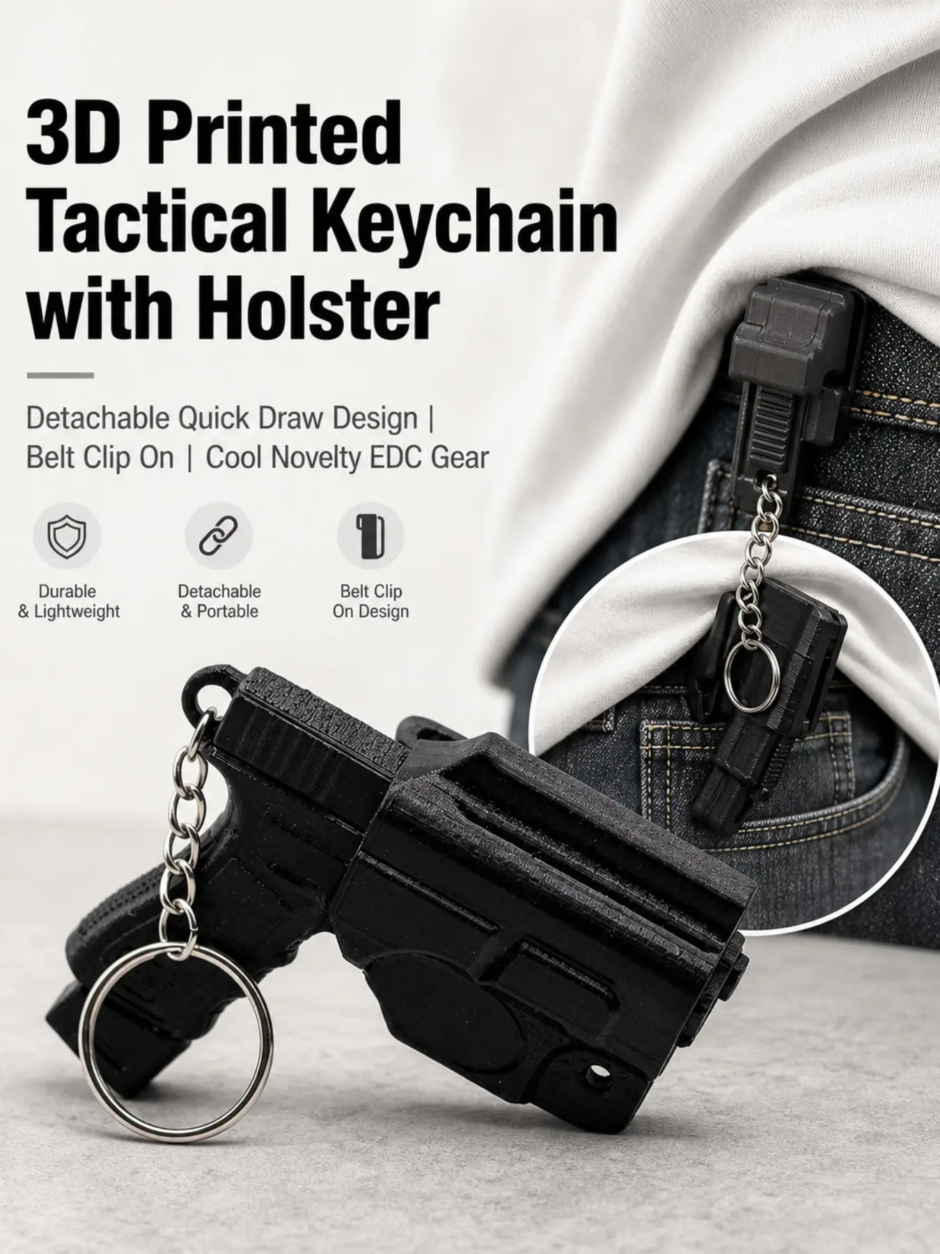 3D Printed Mini Tactical Pistol Keychain with Quick Draw Detachable Holster Belt Clip, Realistic Handgun EDC Key Holder, Military Fan Gift Key Organizer, Key Chain Decorations, Birthday Gag Gift for Men Gun Lovers EDC Gear Accessories