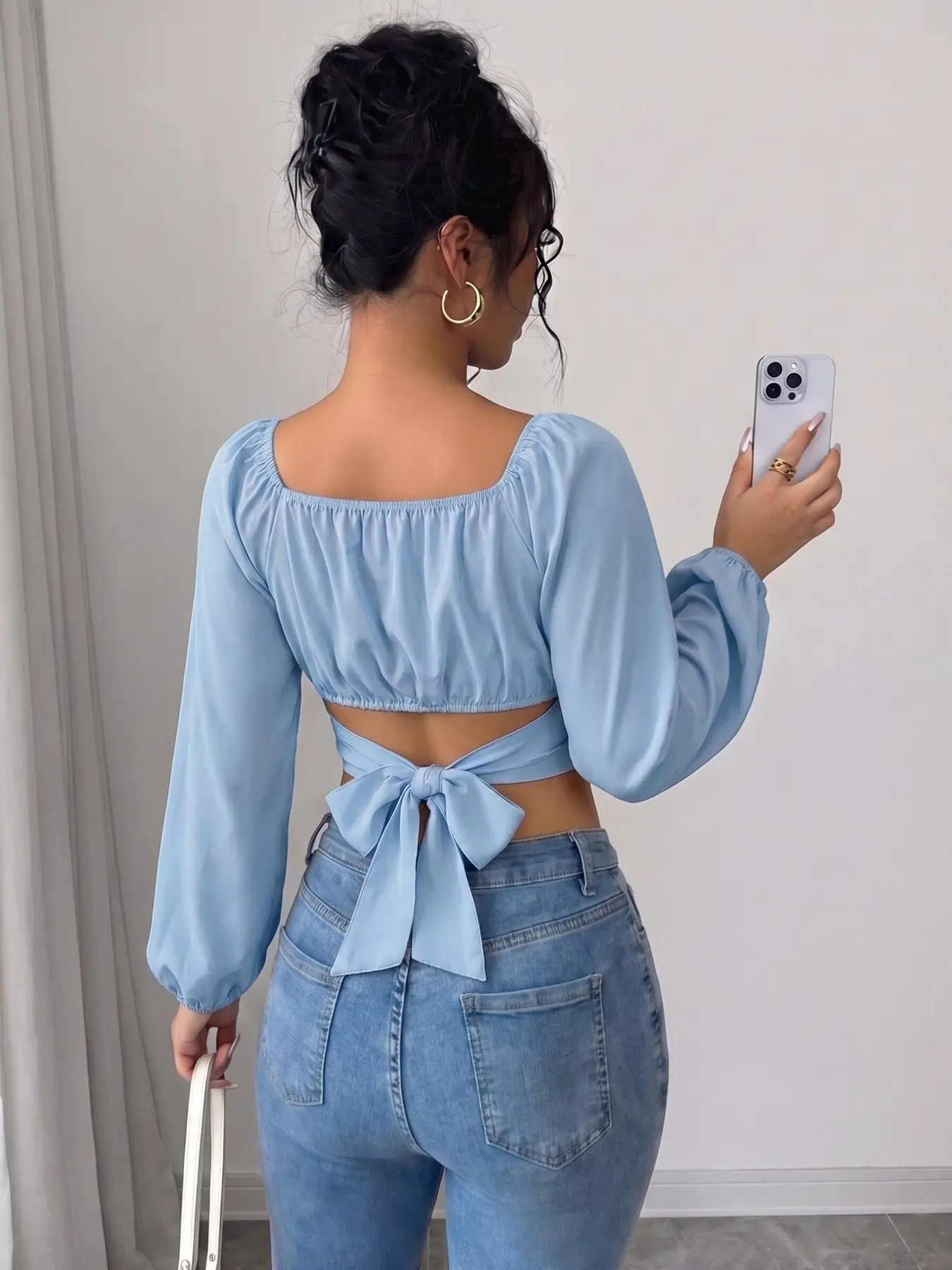Spring & Summer Square Neck Long Sleeve Crop Top, Plain Back Bow Knot Design, Women's Casual Blouse
