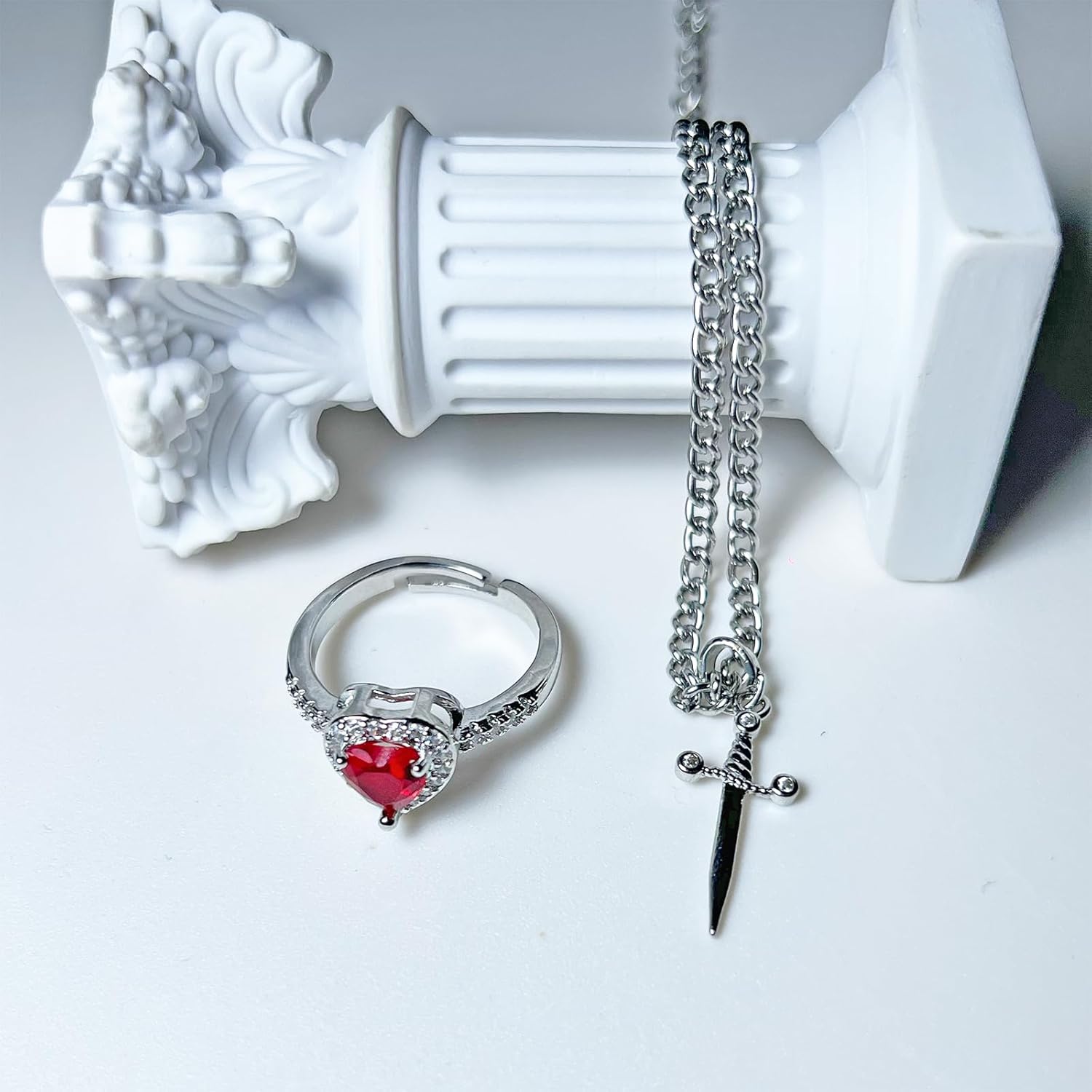 Heart Ring Sword Bracelet Set for Couple Gold Silver Heart Ring Sword Link Chain Bracelet Red Gemstone Promise Ring for Her Sword Through Heart Valentine Anniversary Trendy Jewelry