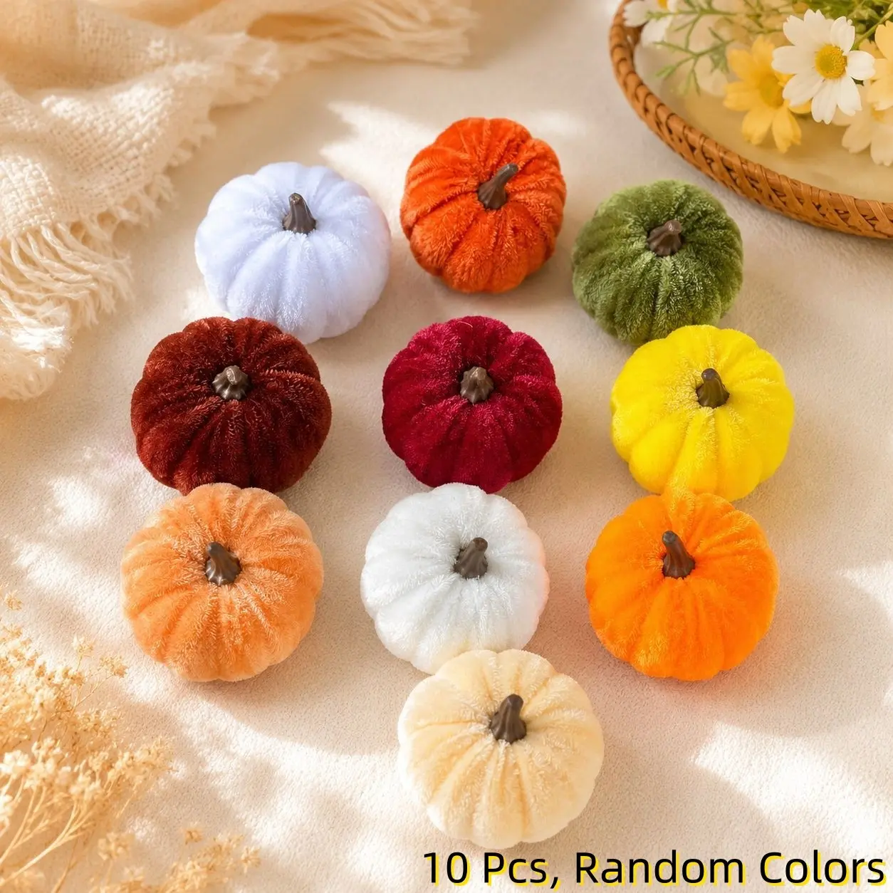 10Pcs Velvet Artificial Pumpkin Decorative Set, Soft Faux Velvet Mini Pumpkins Tabletop Ornaments, Living Room Farmhouse Home Decor, Halloween Thanksgiving Autumn Harvest Festival Party Table Centerpieces Decoration, Random