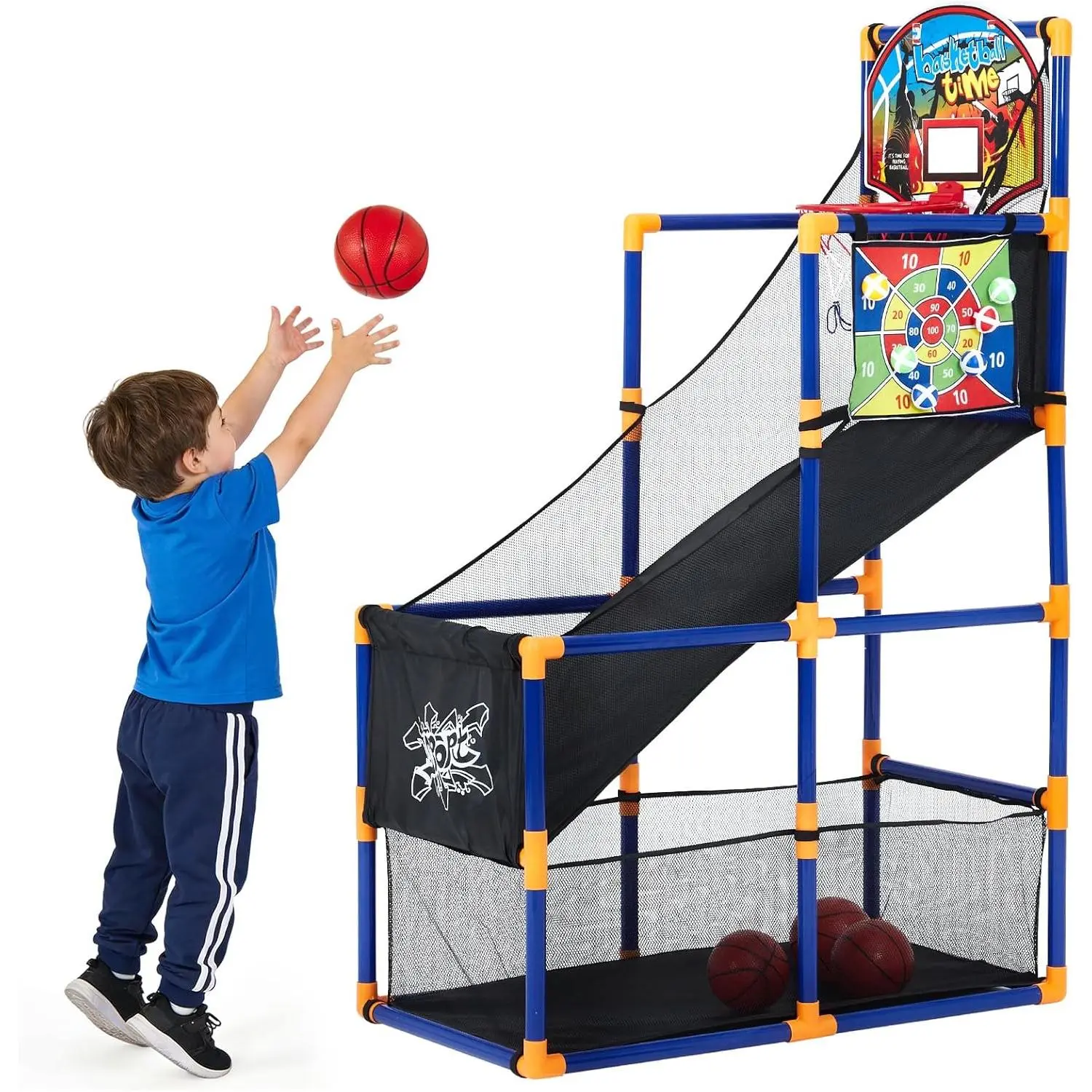 2-in-1 Kids Basketball Arcade Game Set with 4 Balls & 6 Sticky Toss Balls – Indoor & Outdoor Basketball Hoop and Dart Game, Height Adjustable Sports Toy with Ball Return Ramp for Boys & Girls Ages 3+