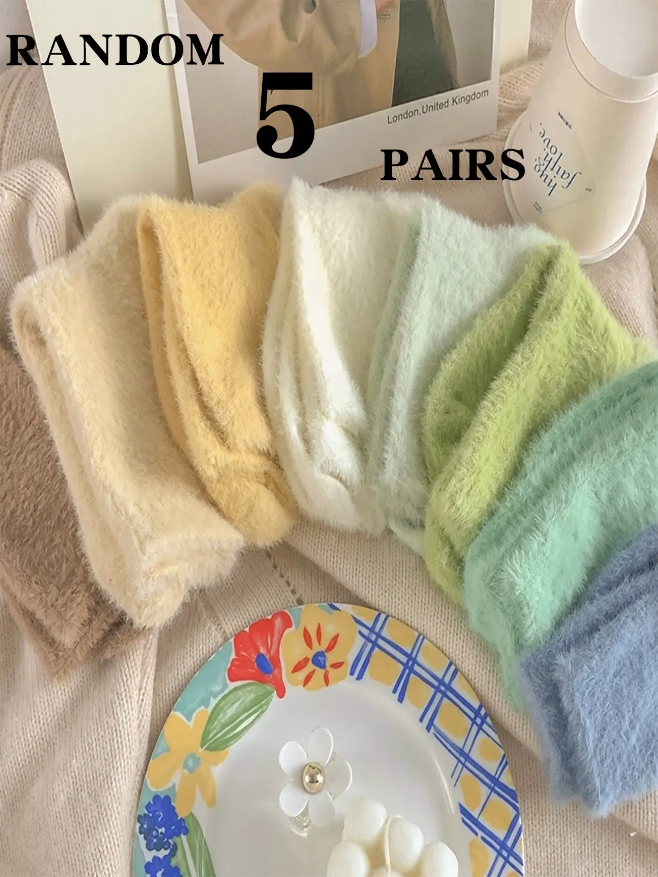 Random 5 Pairs Macaron Solid Color Imitation Mink Velvet Mid-Calf Warm Socks, Cozy Winter Footwear, Soft and Comfortable