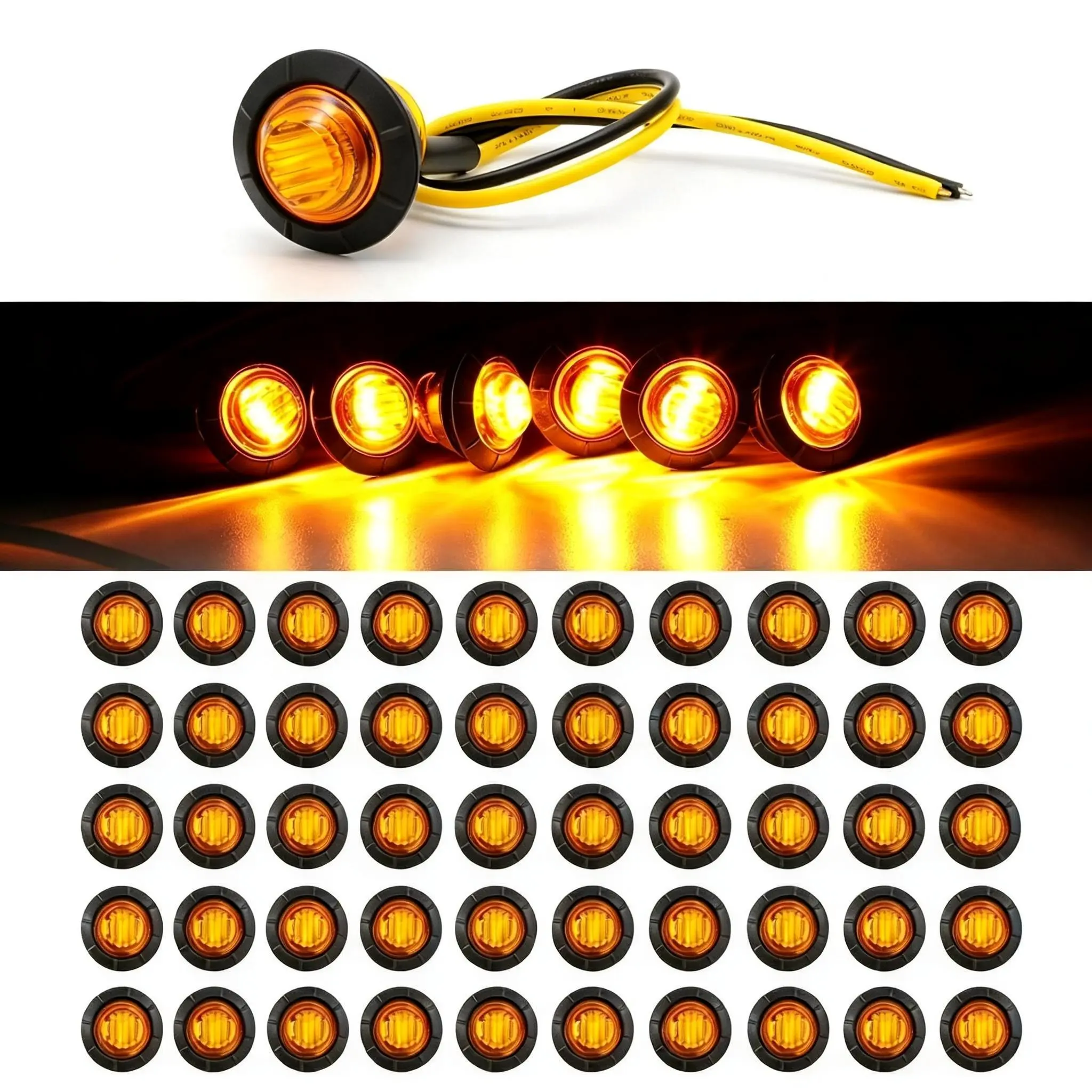 50-Pcs 3/4-Inch Amber LED Mini Round Rubber Trailer Side Marker Lights Kit, Waterproof Sealed 12V DC Automotive Car Light, Auxiliary Clearance Signal Truck Accessories with Mini Bulb & PC Lens