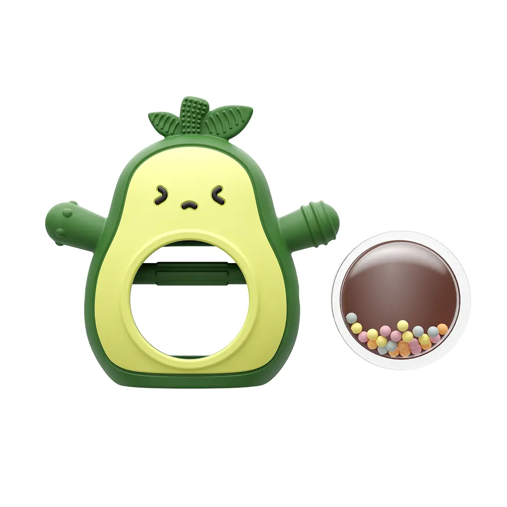 2 in 1 Avocado Silicone Baby Teether with Rattle, BPA-Free, Easy-Grip Textured Chew Toy for Babies, Sensory Teething Toy