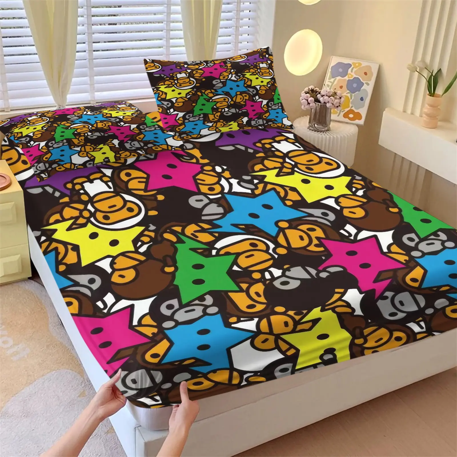 Cute Cartoon Monkey Colorful Star Fitted Sheet Set, 1 Fitted Sheet + 2 Pillowcases, Deep Pocket Non-Slip Mattress Protector, Soft Breathable All Season Bedding, Graffiti Cartoon Print For Kids Teen Bedroom Decor